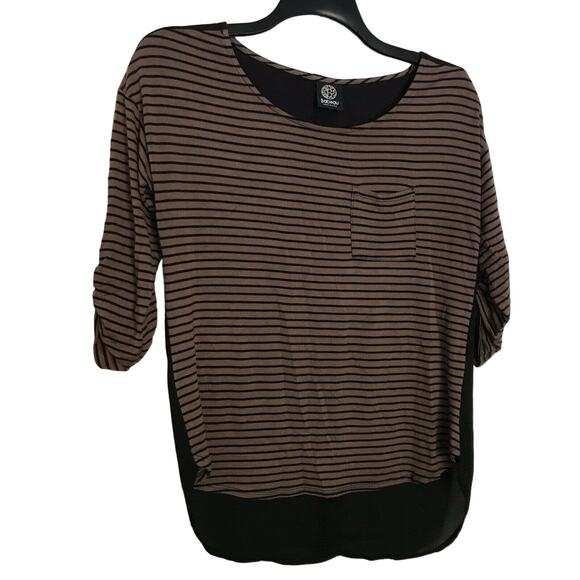 Bobeau Black/Brown Striped Top With Sheer Back - Size Small - Roll Tab Sleeves - Picture 1 of 7